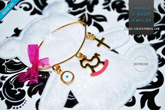 Pink Enamel Pony Carousel Baby Brooch Sterling Silver Gold Handmade Jewelry Cross Eye Mama Happy Shower Day Religious Baptism Newborn Girl