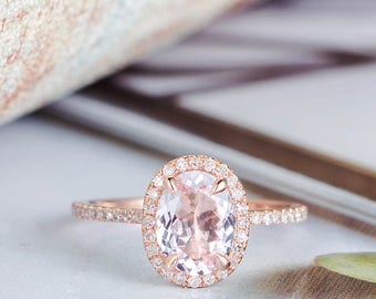 Morganite Engagement Ring Rose Gold Oval Cut Bridal Set Halo Diamond Half Eternity Band Unique Promise Minimalist Anniversary Gift for Her