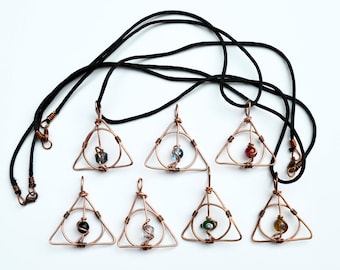 Deathly Hallows Necklace Harry Potter Inspired Copper Wire Wrap Pendants - Copper Wire with Glass Beads - Handmade - Each One Unique!
