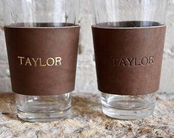 Custom Leather Pint Glass Sleeve. Personalized Beer Sleeve. Multiple Colors Available. Custom Monogram Beer Hugger. 3rd Anniversary Gift.