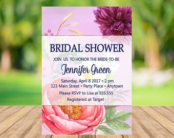 Floral Bridal Shower Invitation Instant Download, Boho Pink Bridal Shower Invitation Floral, Elegant Bridal Shower Invitation, Digital