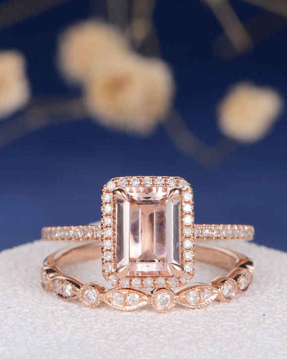 Morganite Engagement Ring Rose Gold Emerald Cut Bridal Sets