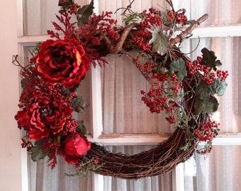 Rustic Autumn Wreath, Bittersweet Peonies Wreath Dark Burgandy all seasons
