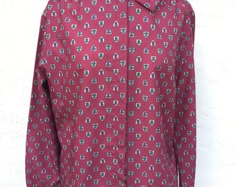 Vintage 70s 80s Center Stage Blouse/ Crest Blouse/ Secretary Blouse/ Blouse with Bow/ 70s Blouse/ 80s Blouse