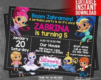 Shimmer and Shine Invitation Instant Download, Shimmer and Shine Birthday, Shimmer Shine Editable Invites, Shimmer Shine Thank You Tag Free