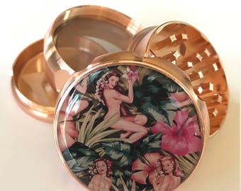Custom Chromium Crusher| Medium | Zinc Alloy Herb Grinder 2.5 inches | 4 pieces with Pollen/Keef Catcher | Vintage Pin-Up Girl
