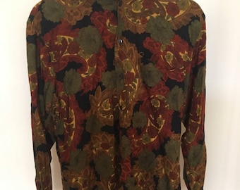dark patterned 70s style long sleeved button up shirt
