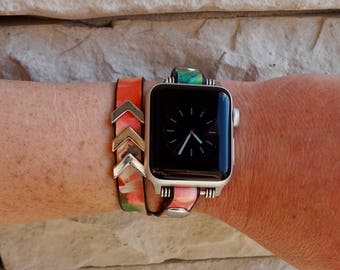 Double Wrap Leather Apple Watch Band Strap for iWatch, Adapter 38mm/42mm, Floral with Silver Accents