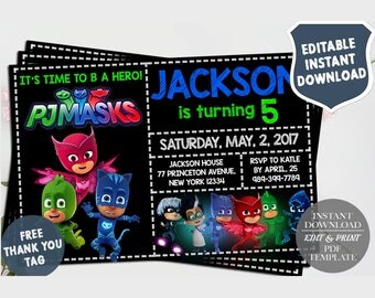 PJ Masks Invitation Instant Download, Pj Masks Invitation Download, Pj Mask Birthday Invitation, PJ Masks Invite, Editable PDF Template