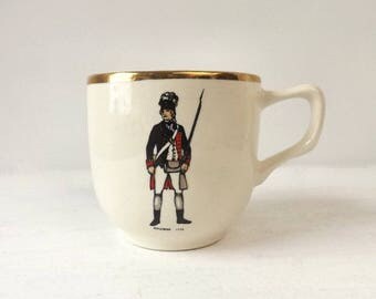 Vintage Pottery Mustache Cup, 1775 Rifleman Soldier Uniform, Capt Barlow, E Liverpool Ohio, Cream with Gold Trim