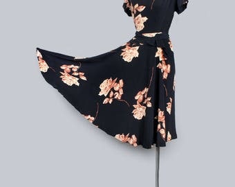 1940's Black Rose Print Swing Dress WWII Era