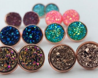 rose gold druzy earrings, Faux Druzy stud earrings, Druzy stud earrings, Boho Jewelry, Rose gold druzy earrings