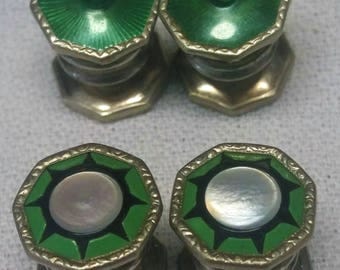 2 Pair Cuff Link Stud Set Green Guilloche and Pearl Mens Womens Antique Jewelry #B805