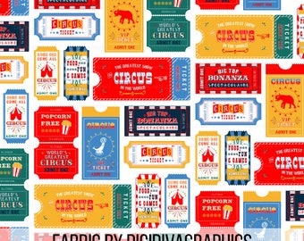 Retro Circus Tickets Fabric By The Yard - Circus Carnival Show Tickets Print in Yards & Fat Quarter