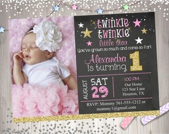 Twinkle Twinkle Little Star First birthday invitation invite pink and gold little star 1st birthday invitation Photo Chalkboard Printable