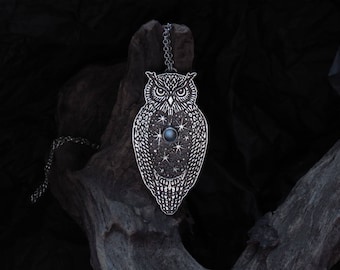Owl Necklace - Eagle Owl Pendant - Silver Owl Necklace - Wisdom Necklace - Moonstone Necklace - Star Necklace - Starry sky necklace - Summer