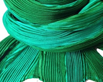 Shibori pleated silk scarf - Emerald Green and Grass Green