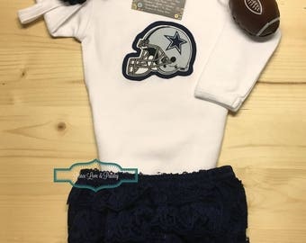 Dallas Cowboys Bodysuit, Ruffle Diaper Cover and Headband Set Made from Dallas Cowboys Fabric, Cowboys Baby Outfit, Baby Girl Cowboys, NFL