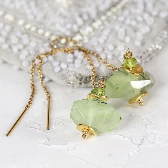 Prehnite Earrings - Gemstone Threader Earrings