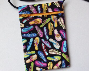 Pouch Zip Bag FLIP FLOPS Black Fabric. Great for walkers, markets, travel. Cell Phone Pouch. Small fabric purse. Bike Trike pouch. Thongs