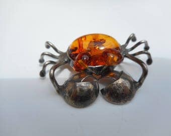 Sterling Silver and Amber Crab Brooch , Unique Crab Cancer Zodiac Sterling Amber Pin