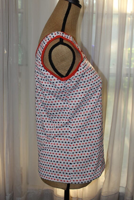 Vintage 1970's Tank Top White With Red And Black Polka