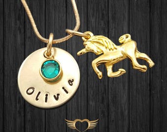 Unicorn Necklace with name plate and birthstone - Daughter necklace, sister necklace. little girl necklace, grand daughter necklace, Unicorn