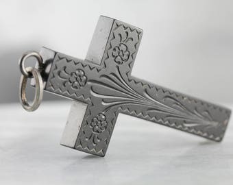 Victorian Gutta Percha Cross, Victorian Mourning Jewelry, Antique Pendant, Floral Cross, Estate Jewelry EVL02V-N