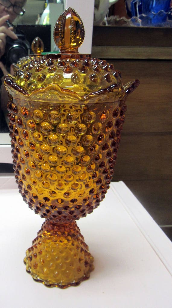 Amber hobnail candy dish with lid