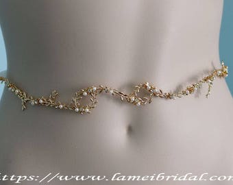 Silver white or Gold Goddess Wedding Dress belt, Gold bridal sash belt ,Gold wedding belt with small Leaves a, pearls and ribbon