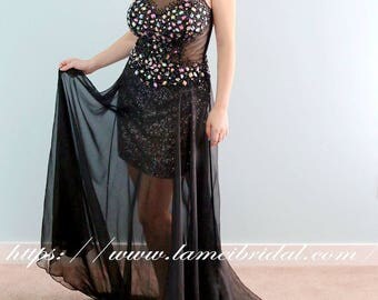 Elegant Gorgeous Gothic Black scoop Neckline A-Line Prom dress, short sexy Wedding party Dress, Black crystal graduation gown