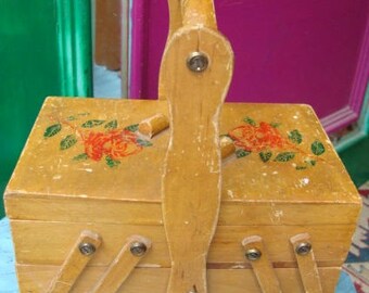 Boîte à Tricoter Vintage En Bois - Forme De Pantoufle - Art Du Cuir Véritable
