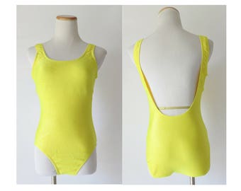 Yellow Swimsuit 80s Bathing Suit 1980s One Piece Maillot Ribbed Low Cut Back Catalina Size Medium M