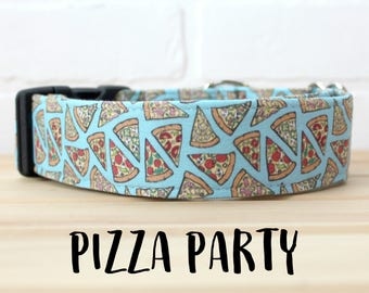 Pizza Dog Collar for Foodie in Blue for Boy/Girl Dog, Can be made in Buckle or Martingale Collar - Please Read Items Details Before Ordering
