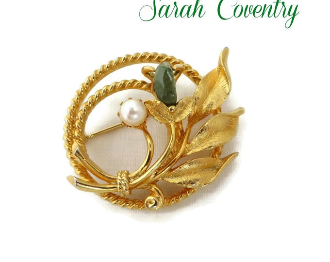 Sarah Coventry Circle Brooch, Twisted Gold Tone Flower Pin with Faux Pearl and Jade Greet Nugget
