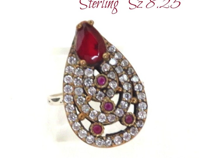 Vintage Ruby CZ Cocktail Ring, Faux Ruby Sterling Silver CZ Cocktail Ring, Size 8.25