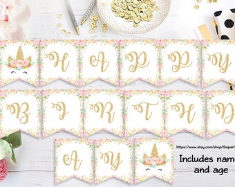 Unicorn Birthday Banner party, Magical Unicorn, Floral Unicorn decorations, Face Unicorn, Dreamy Pink Gold Unicorn Party, Pastel Flower