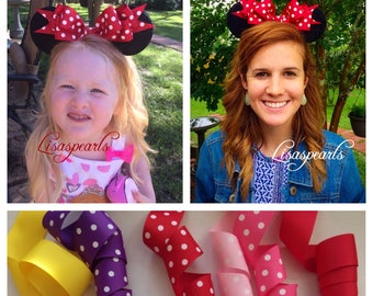 Minnie Mouse ear headband . Inspired Minnie Mouse . Polka dot red Gros grain ribbon on comfortable headband . Fits toddler to adult .