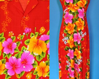 Vintage 60s Red Hawaiian Barkcloth Tiki Party Wedding Honeymoon Set His & Hers Dress Shirt
