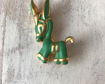Vintage Donkey pin, green and gold tone brooch, pin, very adorable burro/Ass/mule