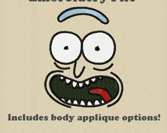 Pickle Rick Face Embroidery File with Body Applique Options