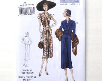 Vogue Retro Ladies Dress Patterns #V9126 - Original 1947 Design - UNCUT - Size 6+8+10+12+14 (Bust 30 1/2+31 1/2+32 1/2+34+36)