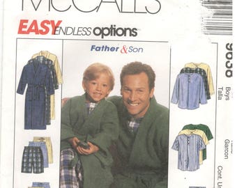 McCall's 9638 Boys Sizes 3, 4, 5, 6, 7, 8 Boys pajama pattern. Long / short sleeve top and long pants / shorts, house coat / robe with belt