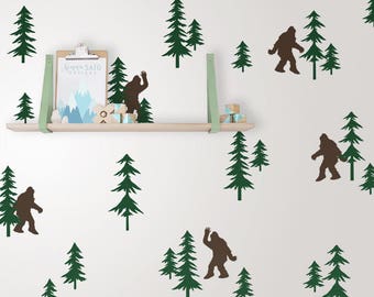 Friendly Sasquatch in the Forest Wall Decal Set - Bigfoot Decals, Forest Decals, Pine Tree Decals, Woodland Nursery Decals, Sasquatch Decals