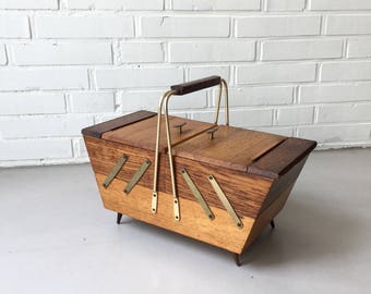 Vintage sewing box, mid century teak, sewing box, sewing basket sewing box, wooden box, Rockabilly