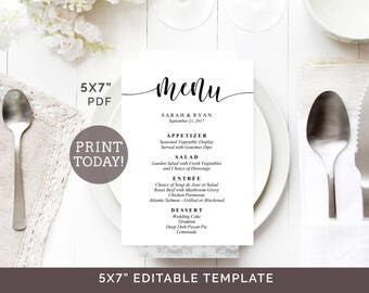 Wedding Menu Template, 5"x7" Menu Printable, Editable Wedding Menu, DIY Reception Menu, Calligraphy Menu Cards, Rustic Menu Template, PDF