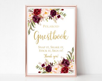 Gold Polaroid Guestbook sign template Printable floral wedding photo guest book signage PDF JPEG Instant Download