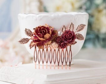 Rose Gold Comb Burgundy Wedding Hair Accessory Maroon Bridal Dark Red Rose Gold Comb Burgundy Wedding Hair Accessory Maroon Bridal Dark Red
