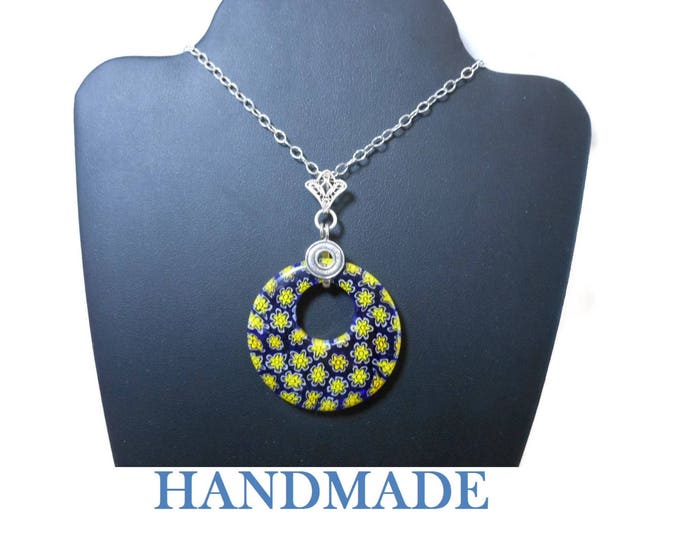 FREE SHIPPING Millefiori glass pendant, 40mm round dark blue, yellow flowers, round go-go, sterling silver filigree bail and sterling chain