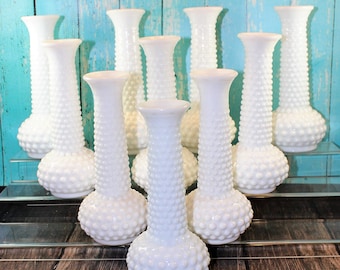 10 Hobnail Milk Glass Vases, EO Brody, Centerpiece, Bud Vases, Decor, Collection, lot, wedding, shower, shabby chic, mid century, vintage